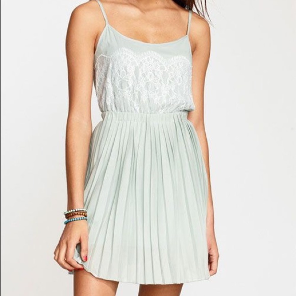 Mint Pleated Dress w/ Lace Detail